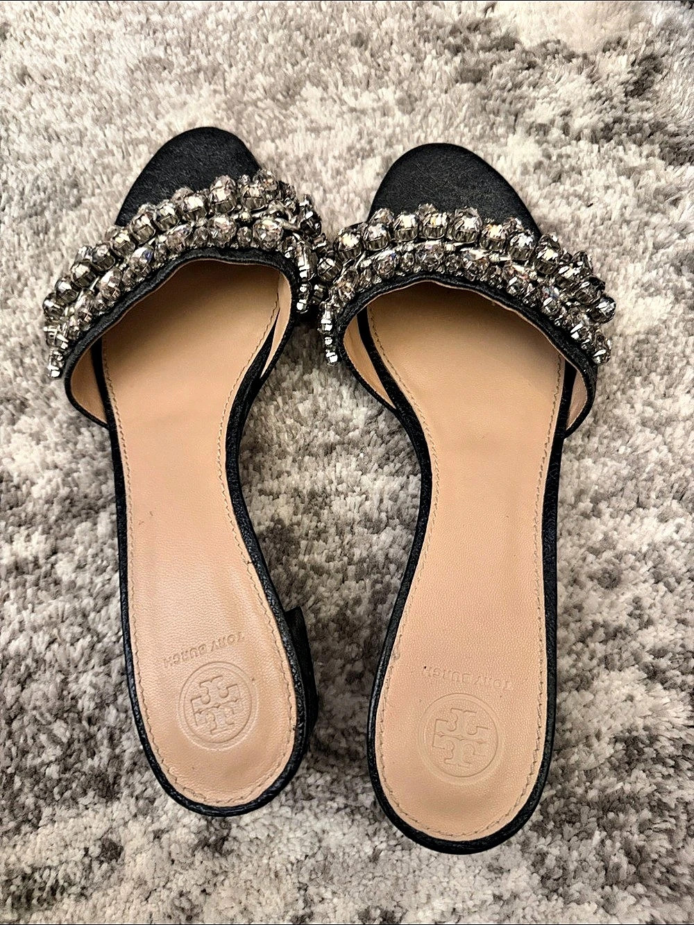 Tory Burch Crystal Bobble Heeled Mule Sandal Black & Silver US 8